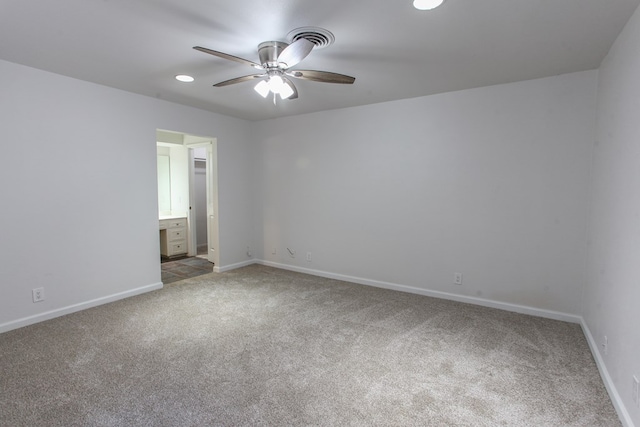 spare room with recessed lighting, a ceiling fan, baseboards, and carpet floors