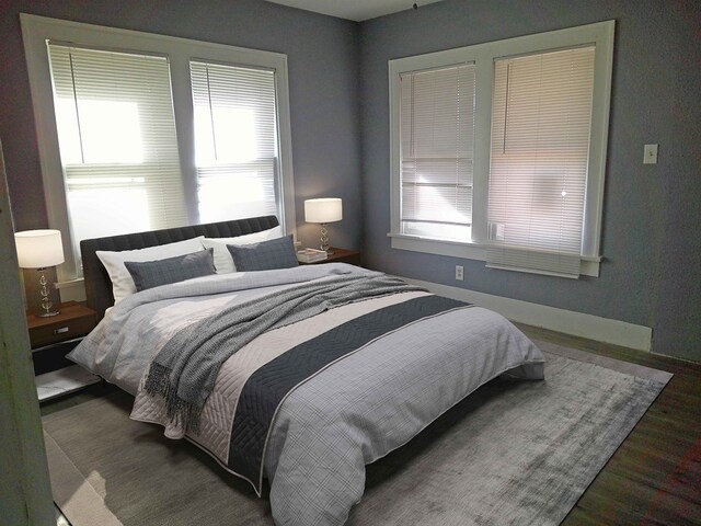 bedroom featuring dark hardwood / wood-style flooring and multiple windows