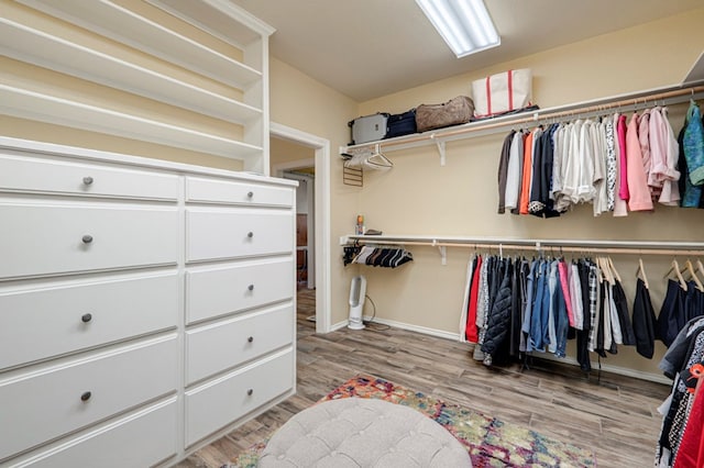 walk in closet with light wood-style flooring