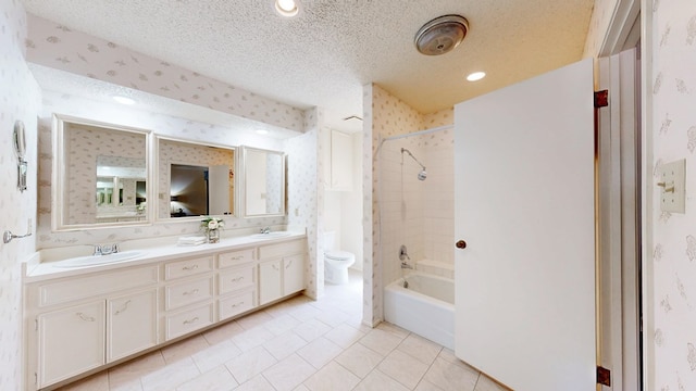 1007 Shirley Ln, Midland, TX 79705 - bathroom featuring wallpapered walls, double vanity, tile patterned floors, tub / shower combination, and a textured ceiling