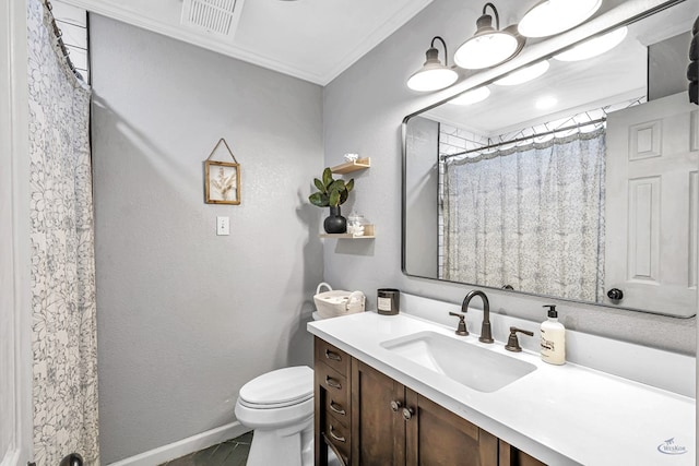 bathroom with toilet, vanity, ornamental molding, and a shower with curtain