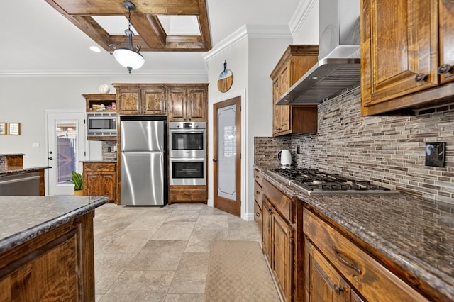 5514 Casa Grande Trl, Midland, TX 79707 - kitchen with stainless steel appliances, wall chimney exhaust hood, backsplash, coffered ceiling, and crown molding