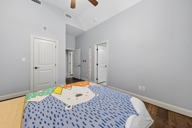 5514 Casa Grande Trl, Midland, TX 79707 - bedroom with wood finished floors, high vaulted ceiling, baseboards, and ceiling fan