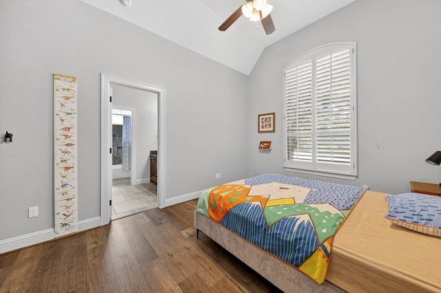 5514 Casa Grande Trl, Midland, TX 79707 - bedroom with wood finished floors, lofted ceiling, baseboards, ceiling fan, and ensuite bathroom