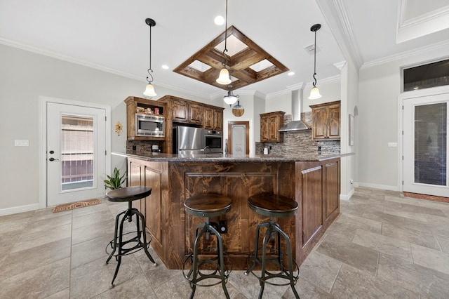 5514 Casa Grande Trl, Midland, TX 79707 - kitchen featuring wall chimney exhaust hood, stainless steel appliances, backsplash, coffered ceiling, and baseboards