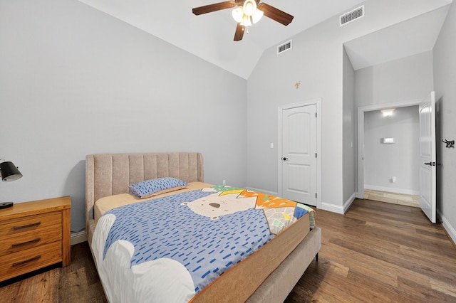 5514 Casa Grande Trl, Midland, TX 79707 - bedroom featuring wood finished floors, baseboards, a ceiling fan, and high vaulted ceiling