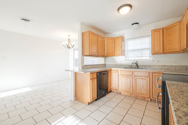 kitchen featuring light tile patterned flooring, a peninsula, electric range, a sink, and black dishwasher