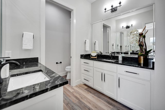 bathroom featuring hardwood / wood-style floors, vanity, and toilet