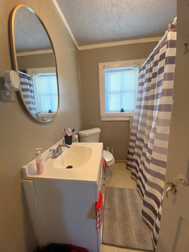 bathroom with toilet, a textured ceiling, vanity, and a shower with shower curtain