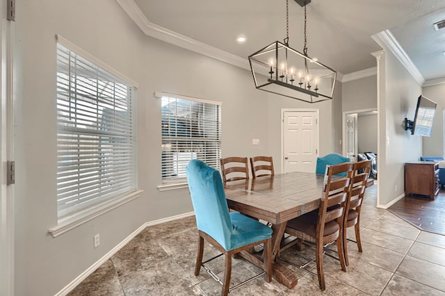 7005 Ridgeboro Ct, Midland, TX 79707 - tiled dining space with crown molding, baseboards, a chandelier, and recessed lighting