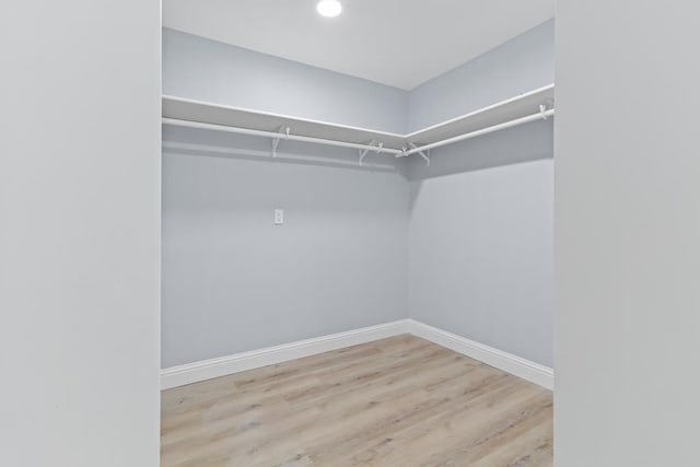 walk in closet with light hardwood / wood-style flooring