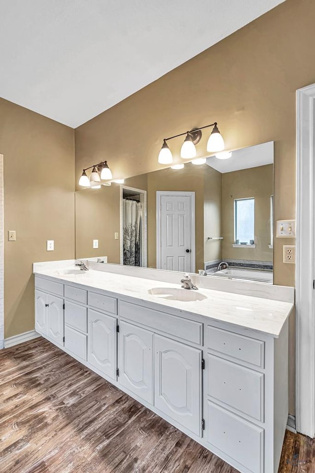 bathroom with double vanity, wood finished floors, and a sink