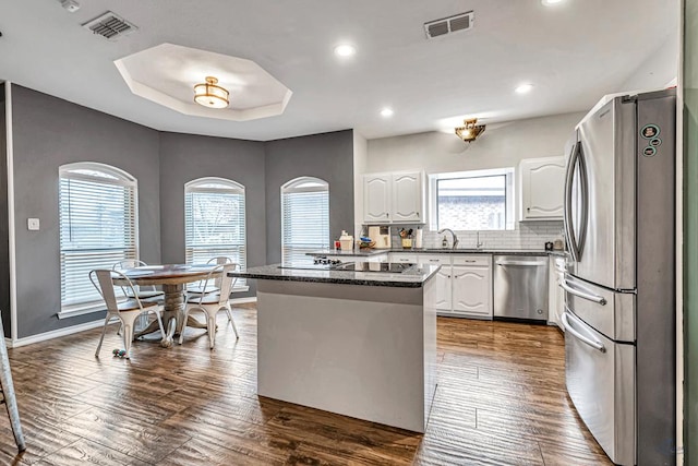 kitchen with a raised ceiling, visible vents, appliances with stainless steel finishes, white cabinets, and a sink