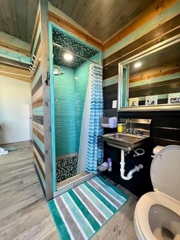 bathroom with sink, walk in shower, hardwood / wood-style floors, toilet, and wood ceiling