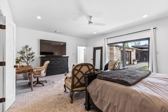 1611 W Tennessee Ave, Midland, TX 79701 - bedroom with access to outside, light colored carpet, recessed lighting, and ceiling fan
