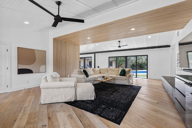 1611 W Tennessee Ave, Midland, TX 79701 - living room featuring ceiling fan, wood ceiling, healthy amount of natural light, light wood-style flooring, and recessed lighting