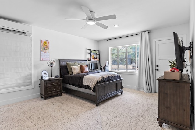 1611 W Tennessee Ave, Midland, TX 79701 - bedroom with an AC wall unit, baseboards, a ceiling fan, light carpet, and recessed lighting