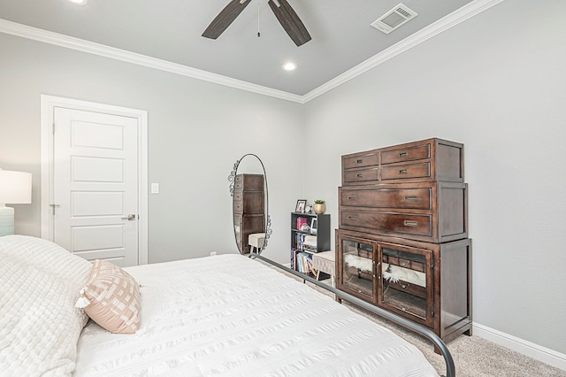 bedroom with recessed lighting, light carpet, visible vents, baseboards, and ornamental molding