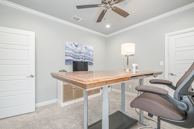 office featuring baseboards, crown molding, visible vents, and light colored carpet