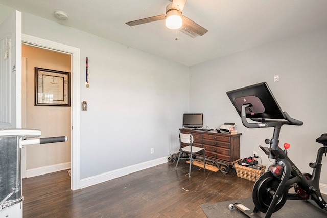 exercise room with dark hardwood / wood-style floors and ceiling fan