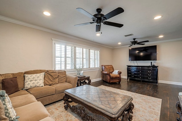 living room with ceiling fan, dark hardwood / wood-style floors, and ornamental molding