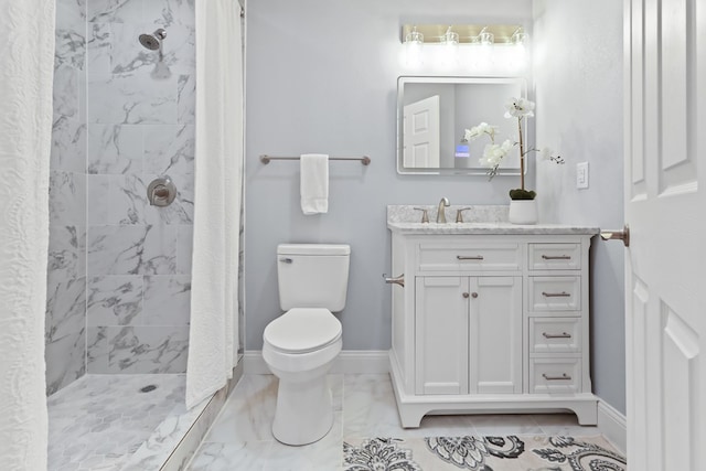 2208 Bedford Dr, Midland, TX 79701 - bathroom with vanity, baseboards, a tile shower, toilet, and marble finish floor