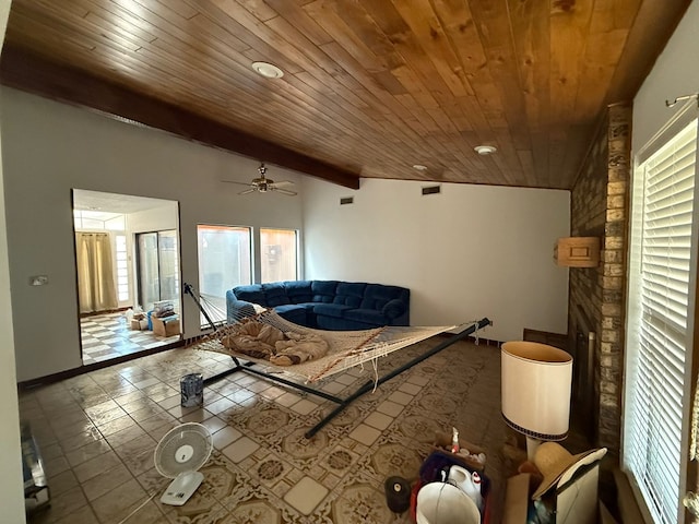 3804 Faircircle, Midland, TX 79707 - tiled living area with wooden ceiling, healthy amount of natural light, vaulted ceiling, and ceiling fan