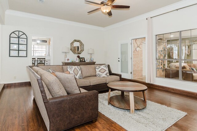 4902 Foxboro Ct, Midland, TX 79705 - living area with ceiling fan, ornamental molding, baseboards, and dark wood finished floors