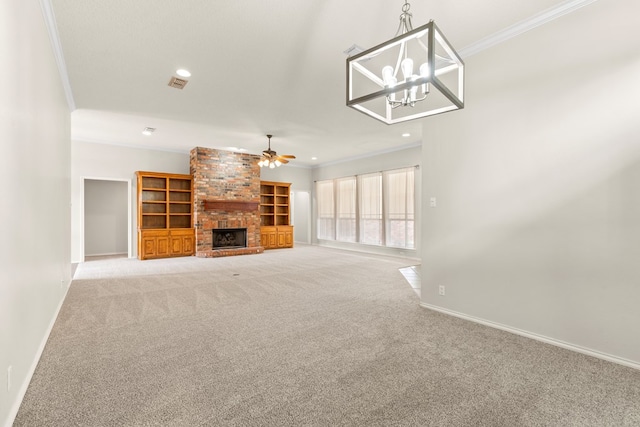 3402 Alicia Ct, Midland, TX 79707 - unfurnished living room with ornamental molding, a ceiling fan, light carpet, a brick fireplace, and recessed lighting