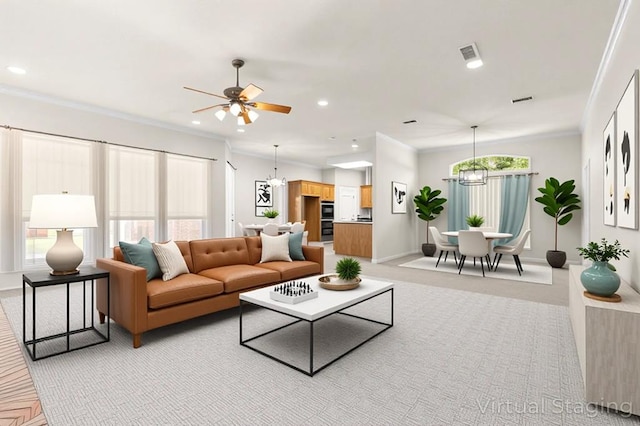 3402 Alicia Ct, Midland, TX 79707 - living area featuring light colored carpet, a chandelier, ornamental molding, recessed lighting, and ceiling fan
