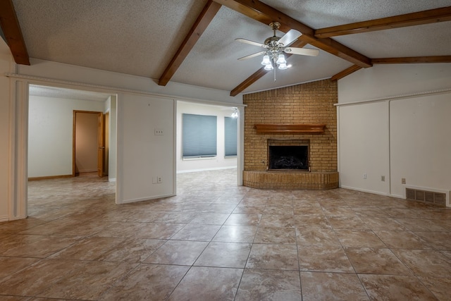 unfurnished living room featuring a textured ceiling, visible vents, a ceiling fan, and vaulted ceiling with beams