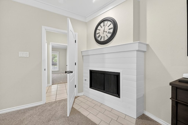 5703 Devlin Pl, Midland, TX 79707 - unfurnished living room with ornamental molding, a fireplace, tile patterned floors, and carpet flooring
