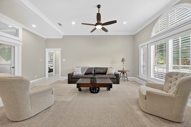 5703 Devlin Pl, Midland, TX 79707 - living area featuring a ceiling fan, carpet floors, crown molding, and recessed lighting