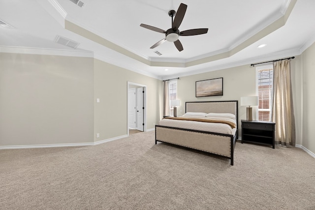 5703 Devlin Pl, Midland, TX 79707 - bedroom featuring a tray ceiling, ornamental molding, light colored carpet, ceiling fan, and recessed lighting