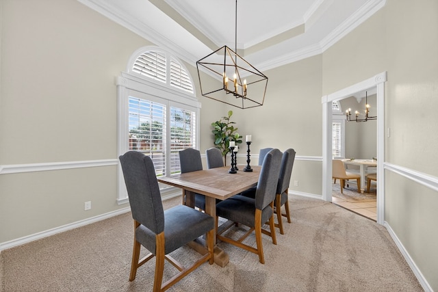 5703 Devlin Pl, Midland, TX 79707 - dining area with a chandelier, light carpet, healthy amount of natural light, ornamental molding, and a raised ceiling