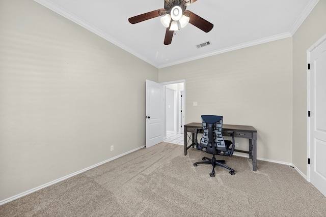 5703 Devlin Pl, Midland, TX 79707 - carpeted office space featuring crown molding and a ceiling fan