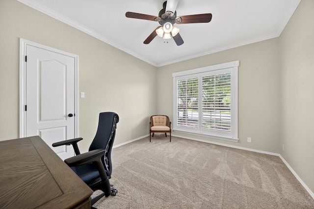 5703 Devlin Pl, Midland, TX 79707 - office area with carpet flooring, crown molding, and ceiling fan