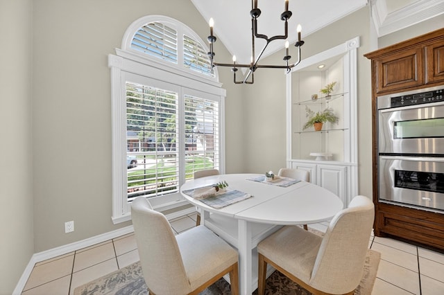 5703 Devlin Pl, Midland, TX 79707 - dining space with a chandelier, ornamental molding, vaulted ceiling, and light tile patterned floors