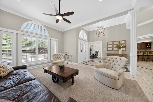 5703 Devlin Pl, Midland, TX 79707 - living area featuring light tile patterned floors, crown molding, a high ceiling, ceiling fan, and recessed lighting