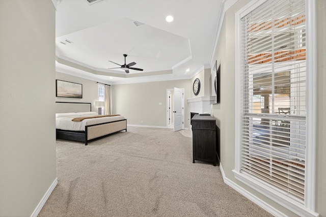 5703 Devlin Pl, Midland, TX 79707 - bedroom featuring ornamental molding, carpet flooring, a tray ceiling, recessed lighting, and ceiling fan