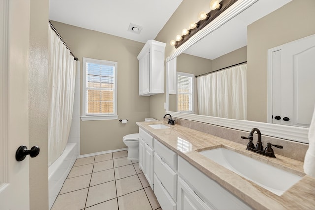 5703 Devlin Pl, Midland, TX 79707 - full bathroom with double vanity, tile patterned floors, and shower / bathtub combination with curtain