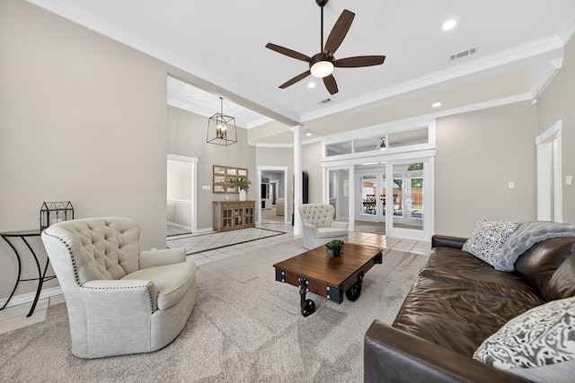5703 Devlin Pl, Midland, TX 79707 - living room featuring ornamental molding, a ceiling fan, recessed lighting, and french doors
