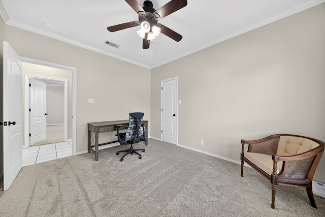 5703 Devlin Pl, Midland, TX 79707 - home office with crown molding, carpet flooring, and a ceiling fan