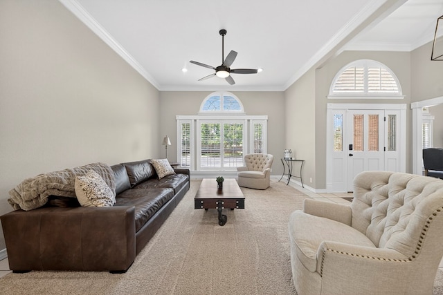 5703 Devlin Pl, Midland, TX 79707 - living room with a ceiling fan, carpet, ornamental molding, a high ceiling, and recessed lighting