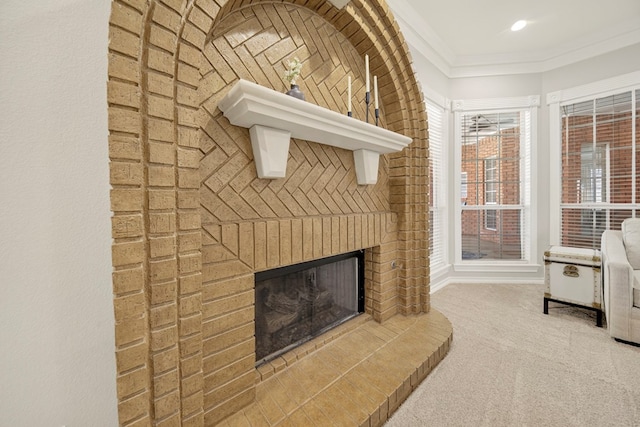 5703 Devlin Pl, Midland, TX 79707 - unfurnished living room with carpet flooring, a brick fireplace, and ornamental molding