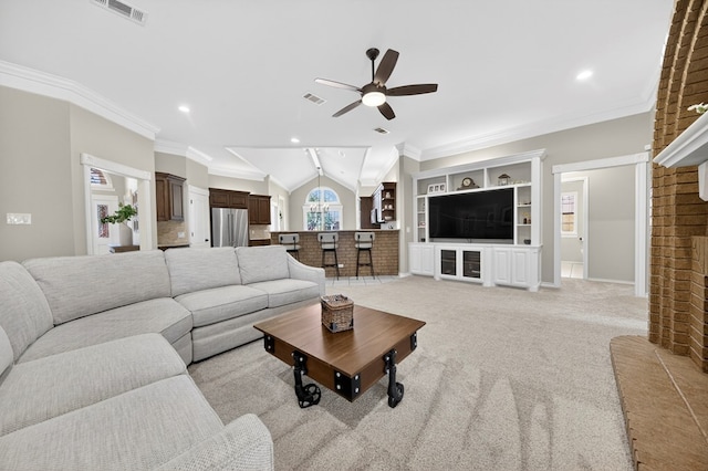 5703 Devlin Pl, Midland, TX 79707 - living room featuring ceiling fan, lofted ceiling, ornamental molding, light colored carpet, and recessed lighting