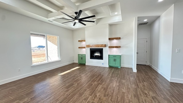 unfurnished living room with visible vents, a ceiling fan, coffered ceiling, baseboards, and dark wood-style flooring