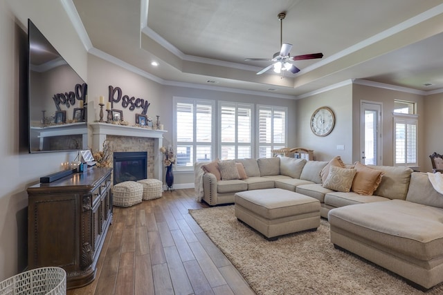 living area featuring a raised ceiling, plenty of natural light, ceiling fan, and crown molding