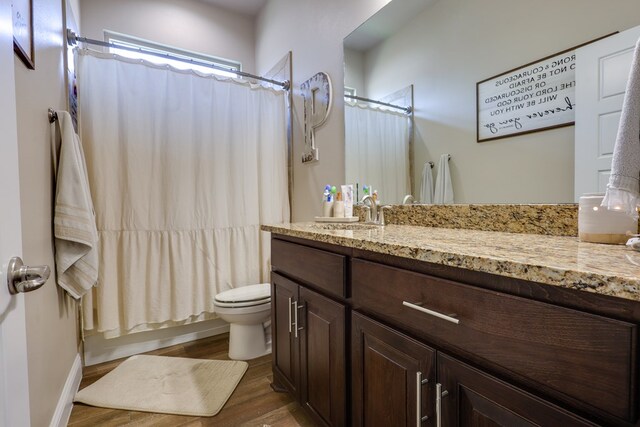 full bathroom featuring wood finished floors, toilet, and vanity