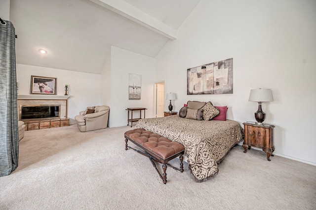 bedroom with beam ceiling, carpet floors, and high vaulted ceiling